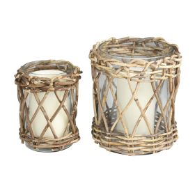 DecMode 2 Candle Glass Handmade Candle Holder with Brown Rattan Woven Exterior, Set of 2