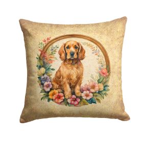 Cocker Spaniel and Flowers Throw Pillow Machine Washable, Indoor Outdoor Decorative Pillow for Couch, Bed or Patio, 14Hx14W