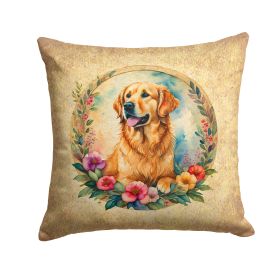 Golden Retriever and Flowers Throw Pillow Machine Washable, Indoor Outdoor Decorative Pillow for Couch, Bed or Patio, 14Hx14W